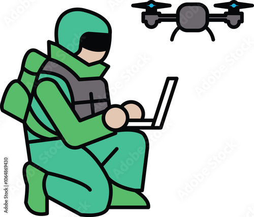 Illustration of a soldier using a drone in a line drawing style