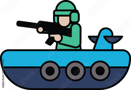 A man in a green uniform is holding a gun and standing on a boat