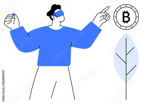 Person wearing VR headset pointing at Bitcoin symbol while holding object. Ideal for technology, virtual reality, cryptocurrency, digital economy, fintech, eco-friendly, and futuristic concepts. Line
