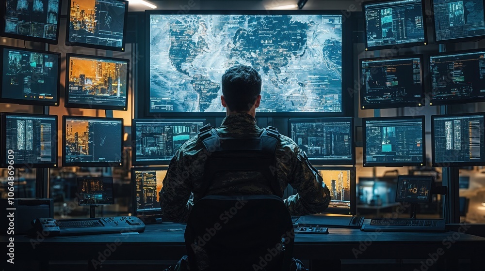 military or intelligence officer seated in front of multiple computer screens displaying maps, data, and city visuals. The atmosphere suggests a high-tech operations room military or intelligence officer seated in front of multiple computer screens displaying maps, data, and city visuals. The atmosphere suggests a high-tech operations room