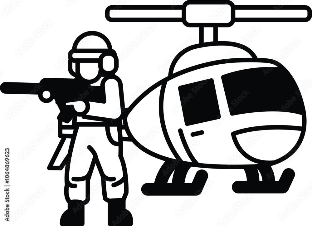 Naklejka premium A Soldier in a uniform is holding a gun and standing next to a helicopter