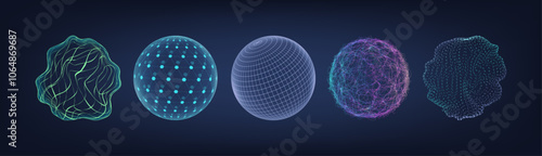 Futuristic 3d spheres, Sci-fi circle elements with glitch, deformation, liquid effect. 3D geometric shapes with light and glow. Universal geometric spheres for science and futuristic projects. Vector