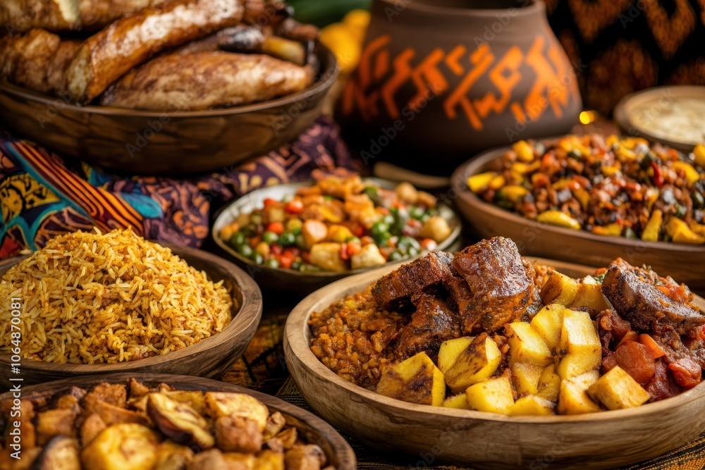 Kwanzaa Feast: A lavishly prepared feast with an array of traditional African dishes, set against a backdrop of African fabric and patterns. The food is displayed on wooden platters and includes dishe Kwanzaa Feast: A lavishly prepared feast with an array of traditional African dishes, set against a backdrop of African fabric and patterns. The food is displayed on wooden platters and includes dishe
