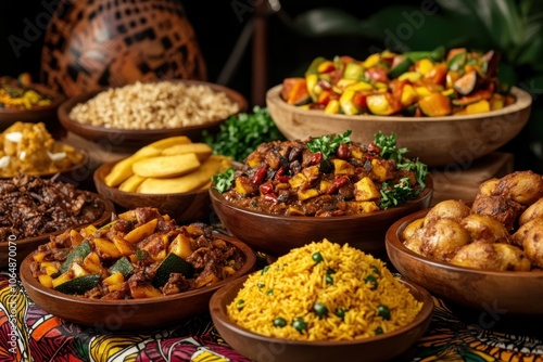 Kwanzaa Feast: A lavishly prepared feast with an array of traditional African dishes, set against a backdrop of African fabric and patterns. The food is displayed on wooden platters and includes dishe