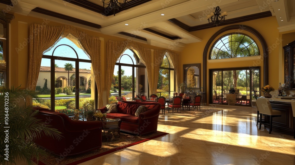 Elegant interior of a spacious room with large windows and luxurious furnishings. Elegant interior of a spacious room with large windows and luxurious furnishings.