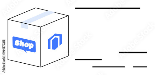 Shipping box with shop label and logo on parcel. Blank address lines indicate recipient information. Ideal for e-commerce, online shopping, delivery services, retail marketing, branding, logistics