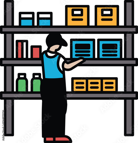 A man is standing in a store aisle looking at a shelf with various items