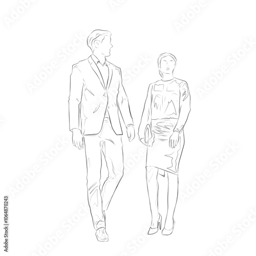 sketch of man and woman in office suit walking together