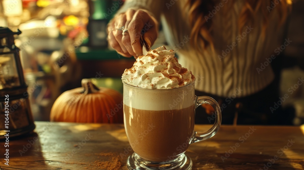 A barista preparing a pumpkin spice latte in a charming cafe highlighting the seasonal favorite's allure. A barista preparing a pumpkin spice latte in a charming cafe highlighting the seasonal favorite's allure.