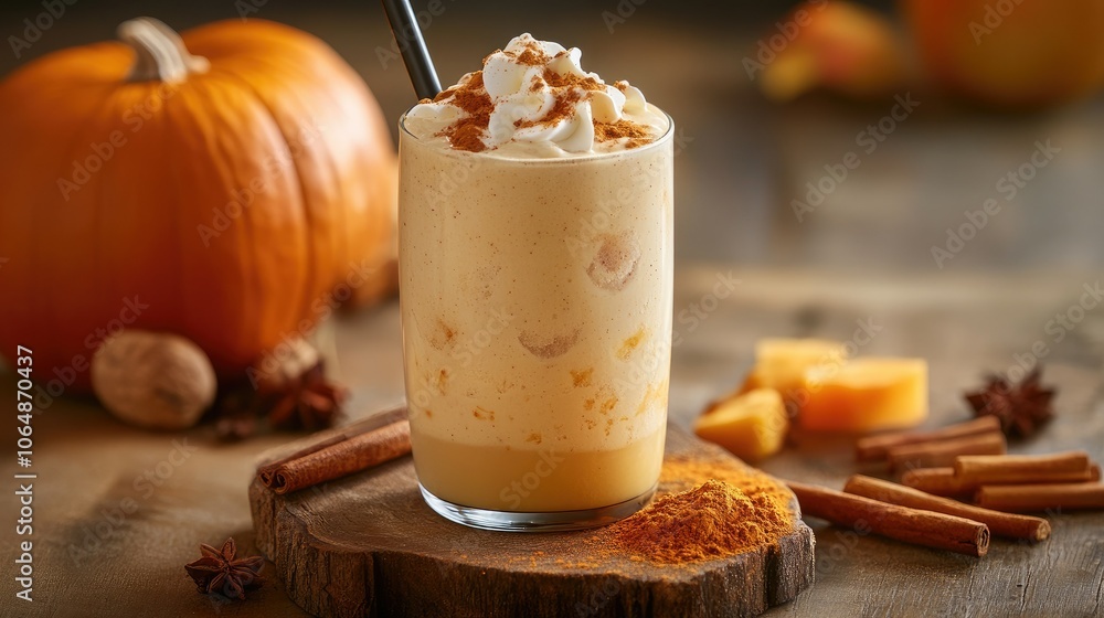 A beautiful arrangement of autumn fruits and spices alongside a delicious pumpkin smoothie, promoting healthy fall treats. A beautiful arrangement of autumn fruits and spices alongside a delicious pumpkin smoothie, promoting healthy fall treats.