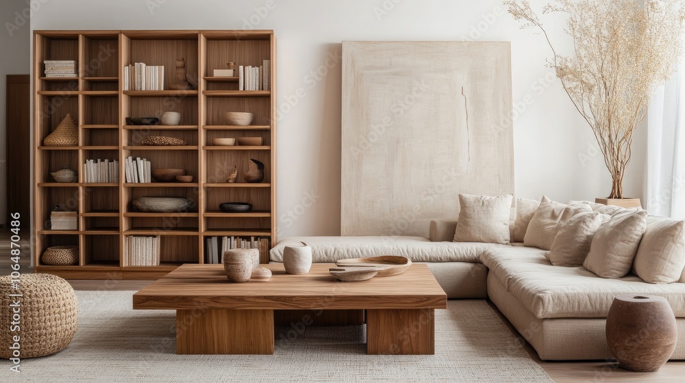 Fototapeta premium A stylish Japandi living room featuring a modular wooden bookcase