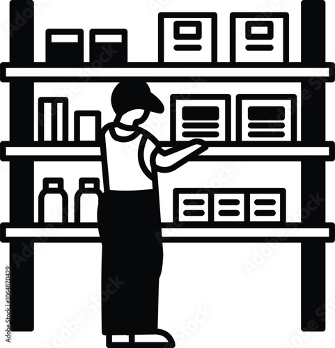 A man is standing in a store aisle looking at a shelf with various items