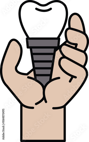 Illustration of hand with dental implant in line drawing style