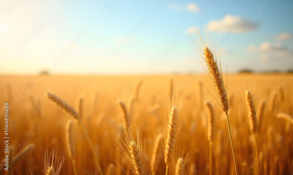 Golden Wheat Field in Sunlit Countryside Under Clear Blue Sky Golden Wheat Field in Sunlit Countryside Under Clear Blue Sky