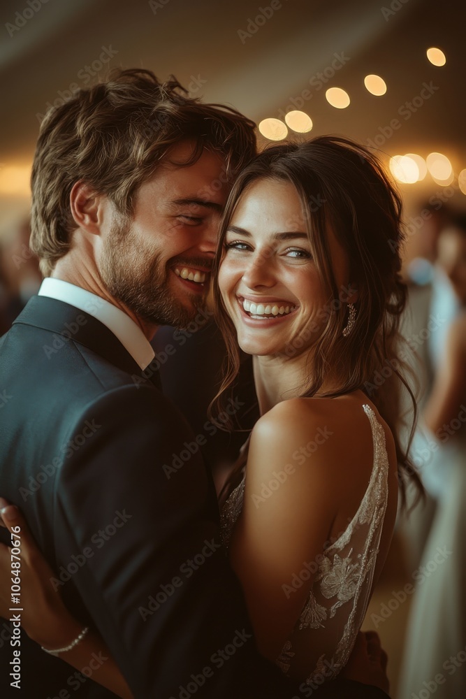 Bride and groom embracing at wedding reception in tent with lights Bride and groom embracing at wedding reception in tent with lights