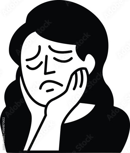 A woman is shown with her head resting on her hand looking sad
