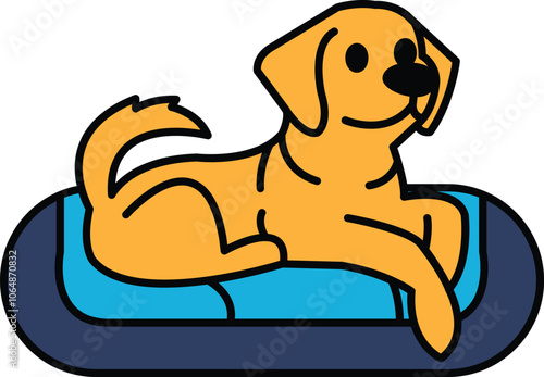 A cartoon dog is laying on a blue and blue bed