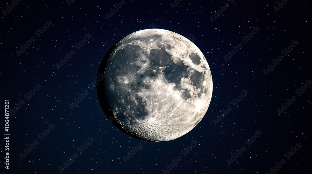Fototapeta premium Detailed view of a full moon against a dark night sky filled with numerous small, distant stars.