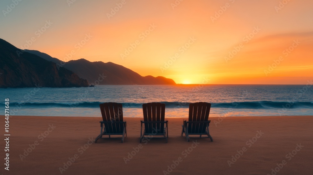Sunset Serenity: Three empty chairs face the breathtaking sunset over a tranquil beach, inviting you to relax and soak in the peaceful atmosphere. Sunset Serenity: Three empty chairs face the breathtaking sunset over a tranquil beach, inviting you to relax and soak in the peaceful atmosphere.