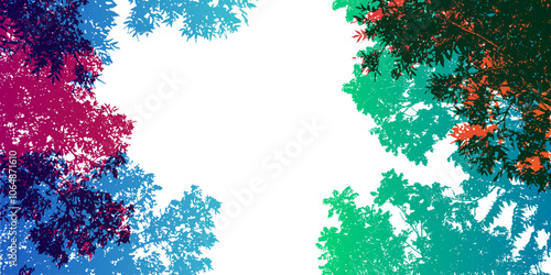Rainbow tree crowns. Colorful silhouettes of tree branches in overlay style. Vector frame with copy space.