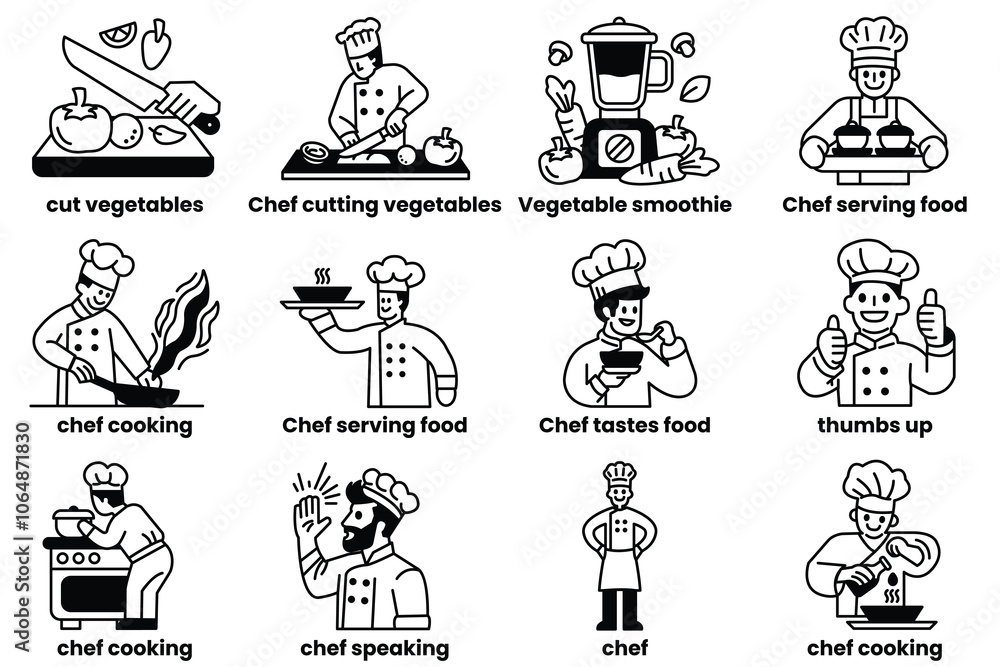 Obraz premium Set of icons in the concept of chefs in various poses in line drawing style