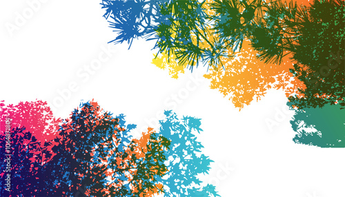 Rainbow tree crowns. Colorful silhouettes of tree branches in overlay style. Vector corners with copy space.