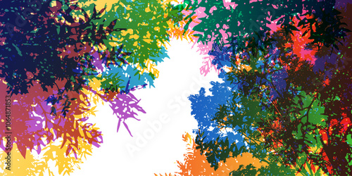 Rainbow tree crowns. Colorful silhouettes of tree branches in overlay style. Horizontal frame with copy space.