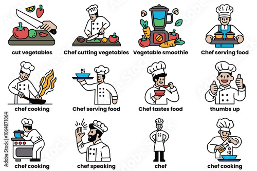 Set of icons in the concept of chefs in various poses in line drawing style