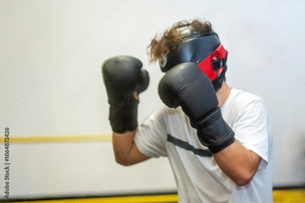 Boxer training, practicing punches with boxing gloves and headgear Boxer training, practicing punches with boxing gloves and headgear