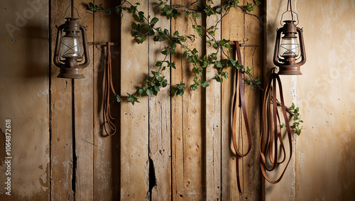 Rustic lanterns and vines on a wooden wall create vintage charm photo