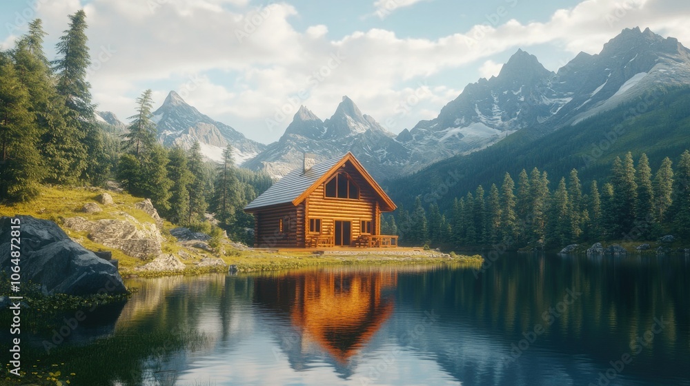 Fototapeta premium A cozy wooden cabin reflecting in a calm lake, set against a backdrop of majestic mountains and lush forests, inviting visitors to unwind.