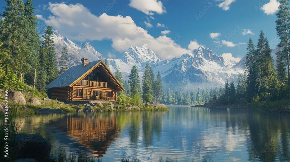A cozy wooden cabin reflecting in a calm lake, set against a backdrop of majestic mountains and lush forests, inviting visitors to unwind. A cozy wooden cabin reflecting in a calm lake, set against a backdrop of majestic mountains and lush forests, inviting visitors to unwind.