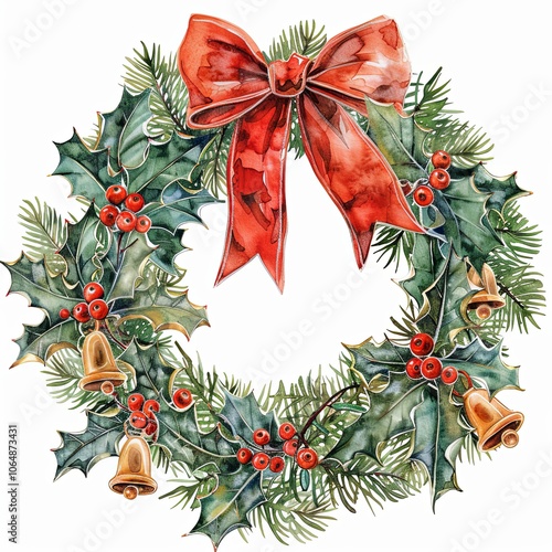 Hand-painted watercolor Christmas wreath adorned with holly leaves, red berries, fir branches, golden bells, and a large red bow. Set against a white background