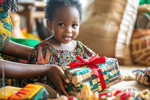 Kwanzaa Gift Giving: A mother hands her child a wrapped gift in African cloth, seated near the kinara. The child looks excited, and the gift is tied with red, black, and green ribbons. Other small han photo