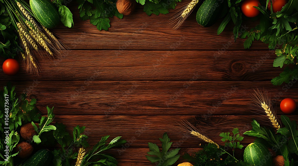 Vegetables and herbs arranged on a wooden table, natural and fresh. Vegetables and herbs arranged on a wooden table, natural and fresh.