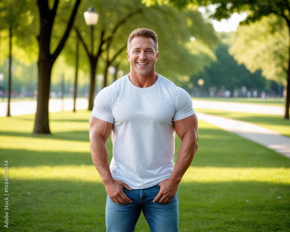 Muscular man wearing white t-shirt and jeans standing in the park Muscular man wearing white t-shirt and jeans standing in the park