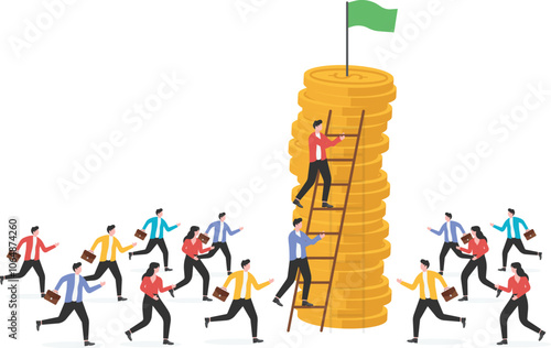 Group of ambitious businessman running fast and climbing tall target trying to compete first to reach the top,

