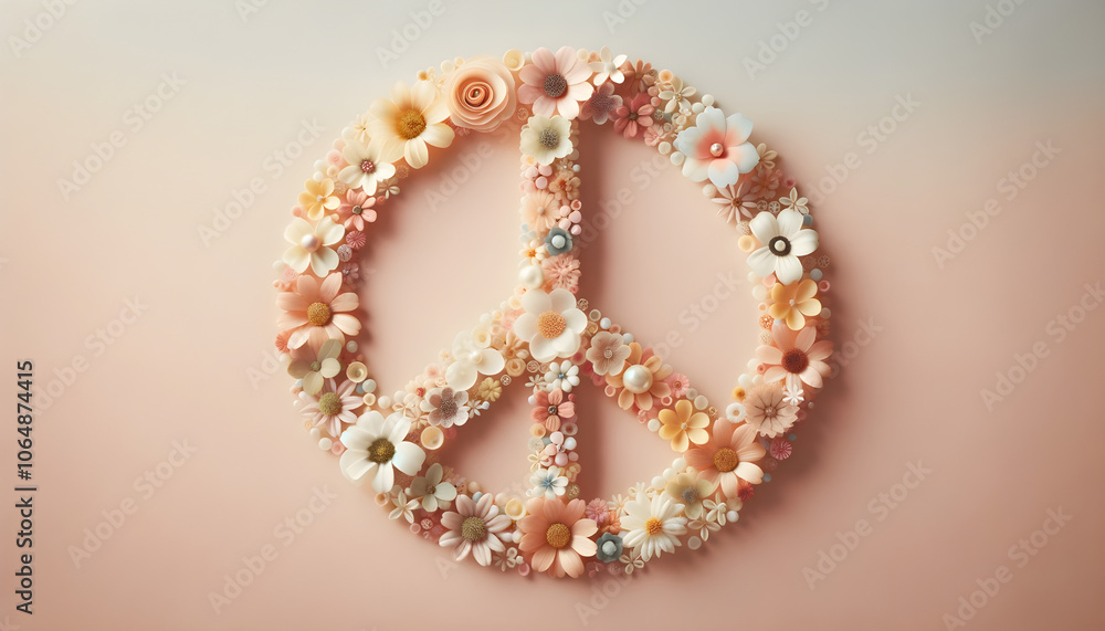 Obraz premium Floral peace symbol made of flowers, celebration of World Peace Day, soft pastel colors, artistic design