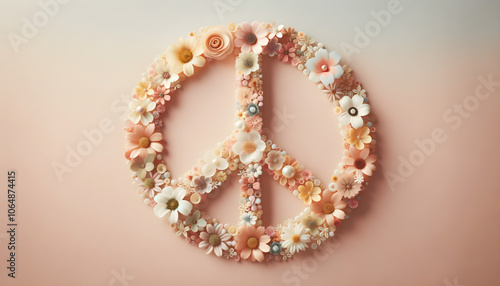 Floral peace symbol made of flowers, celebration of World Peace Day, soft pastel colors, artistic design