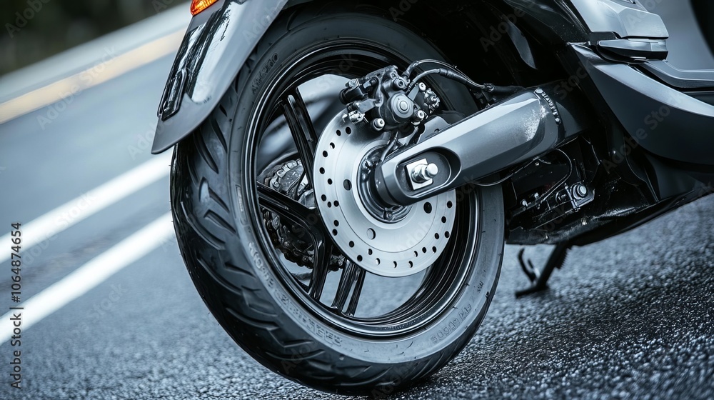 Obraz premium The scooter's rear wheel features both a disc brake and a foot brake, providing enhanced stopping power and control. 