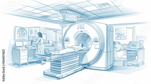 A state-of-the-art medical room with a patient undergoing a CT scan under a specialist's supervision.