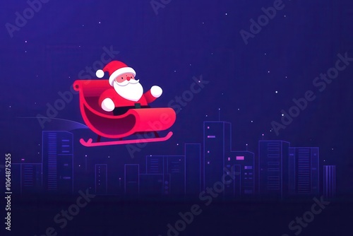 Santa with a futuristic sleigh, flying over a tech cityscape, cyber Christmas, flat design illustration
