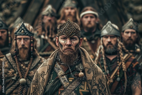 A gathering of individuals in traditional attire during a historical reenactment in a forest setting, showcasing rich cultural heritage and community photo