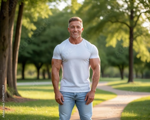 Muscular man wearing white t-shirt and jeans standing in the park