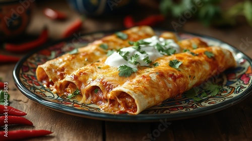 Wallpaper Mural Three enchiladas topped with melted cheese, sour cream, and cilantro sit on a colorful plate, surrounded by vibrant red chilies, showcasing a rich Mexican culinary tradition Torontodigital.ca