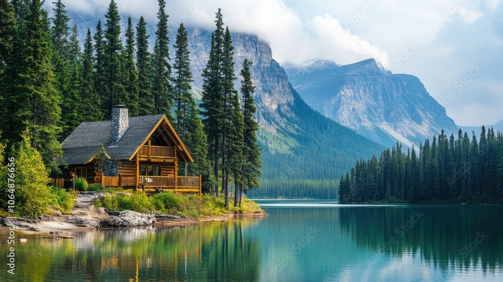 A warm wooden cabin located by a calm lake, surrounded by lush forests and towering mountains, inviting serenity and adventure in nature. A warm wooden cabin located by a calm lake, surrounded by lush forests and towering mountains, inviting serenity and adventure in nature.