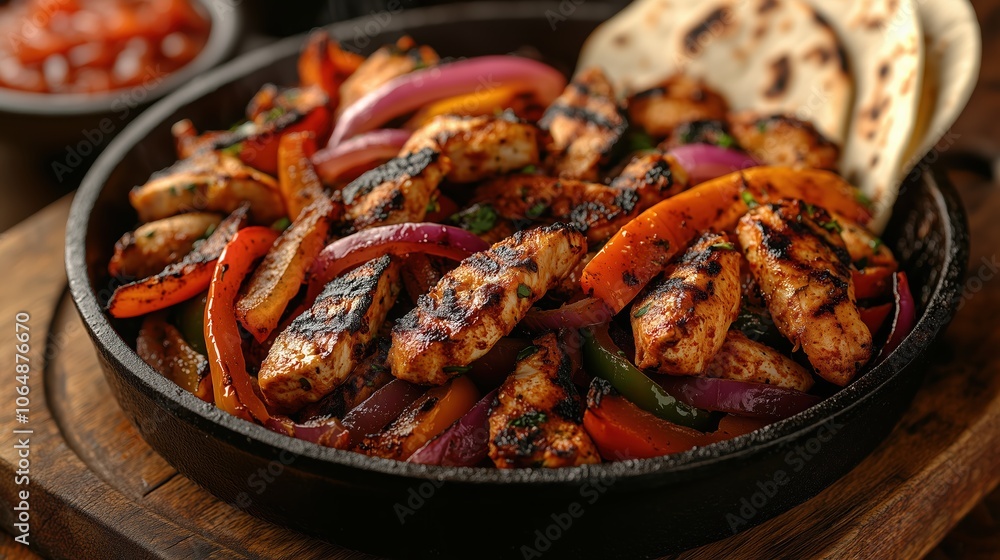 A hot skillet filled with marinated chicken and a colorful mix of grilled peppers and onions is served with tortillas and fresh salsa, ready to enjoy A hot skillet filled with marinated chicken and a colorful mix of grilled peppers and onions is served with tortillas and fresh salsa, ready to enjoy