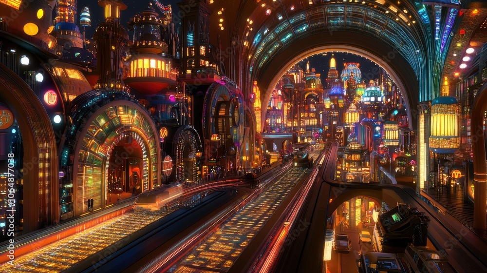 Obraz premium An artistic representation of a night drive through a lively futuristic city, featuring illuminated streets and stunning cityscapes.