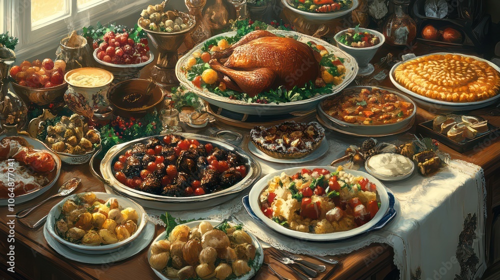 Holiday meals offering a mix of savory and sweet options to satisfy every palate. Illustrations Holiday meals offering a mix of savory and sweet options to satisfy every palate. Illustrations