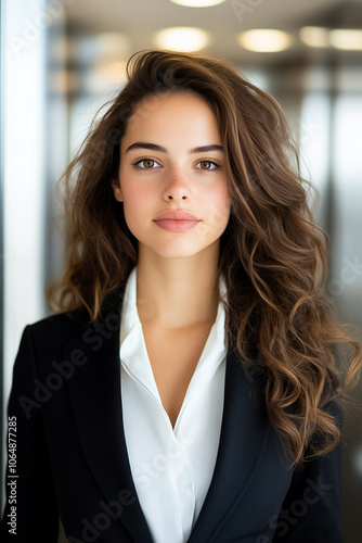 A confident young woman with wavy hair stands elegantly in an elevator, dressed in a formal outfit Free Download A confident young woman with wavy hair stands elegantly in an elevator, dressed in a formal outfit - GFXLoad
